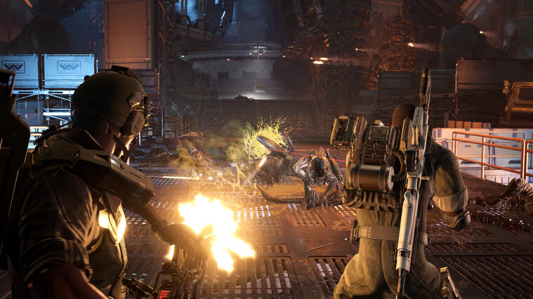 Two marines shooting Xenomorphs