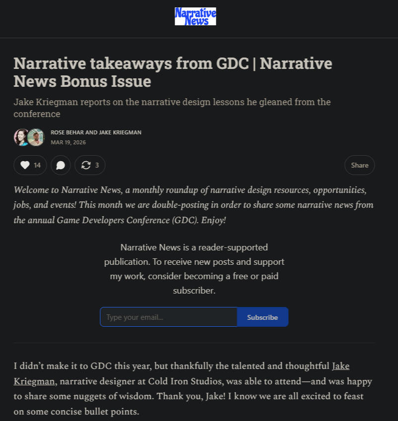 Guest writing for Rose Behar's *Narrative News*